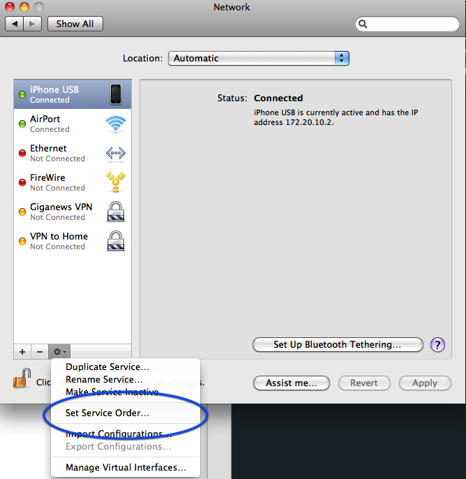 change the order of the network services